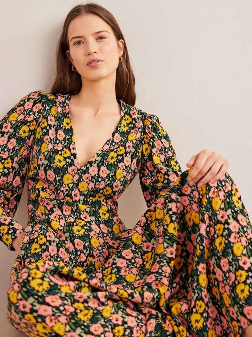 Boden 12 Floral Maxi Long Sleeve Tea Dress Boho Flowy Feminine Preppy V Neck - Picture 11 of 13